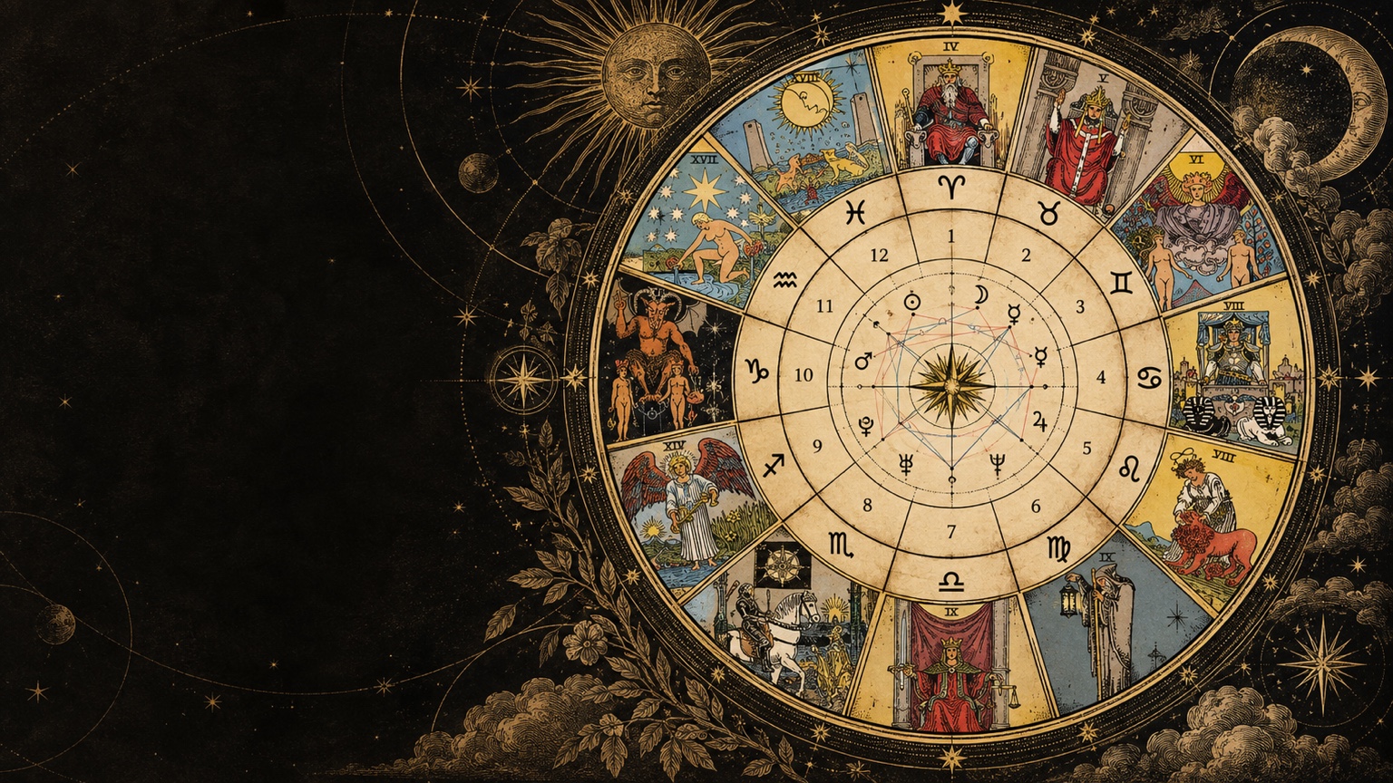 The Hareth Wheel, combining a natal chart with zodiac signs, planetary placements, aspects, and tarot cards