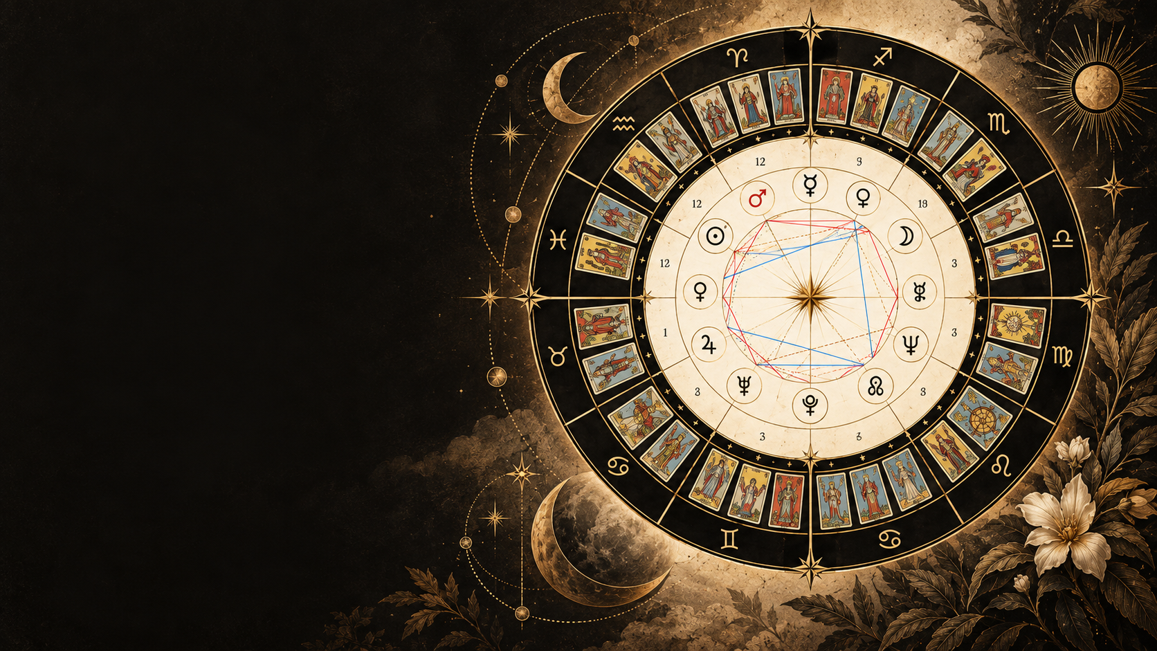 The Hareth Wheel, combining a natal chart with zodiac signs, planetary placements, aspects, and tarot cards
